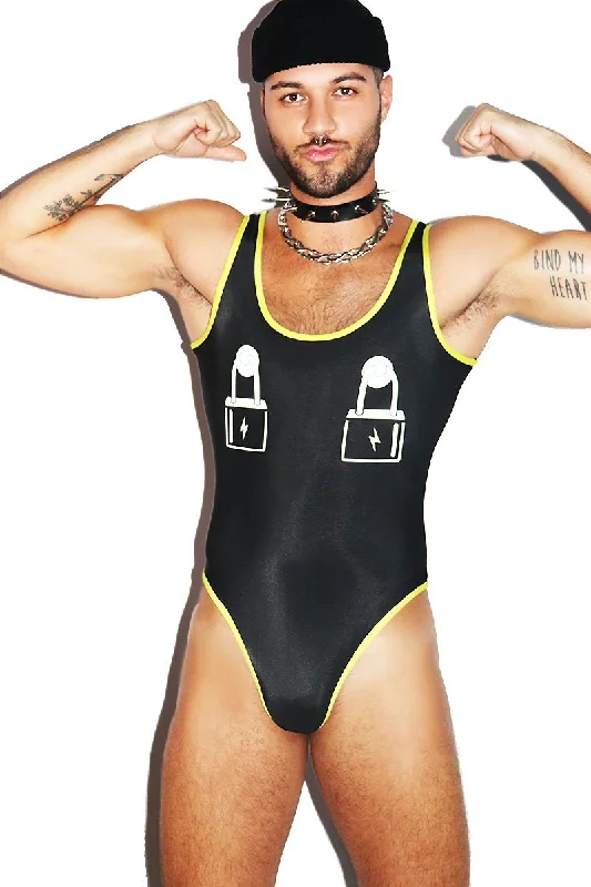 Locks Nipple Piercings Bodysuit- Black