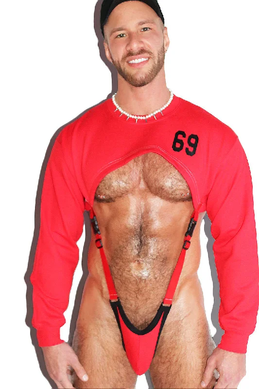 69 Sweatshirt Strap Bodysuit-Red