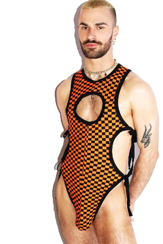 Checkerboard Cutout Tied Up Bodysuit- Orange