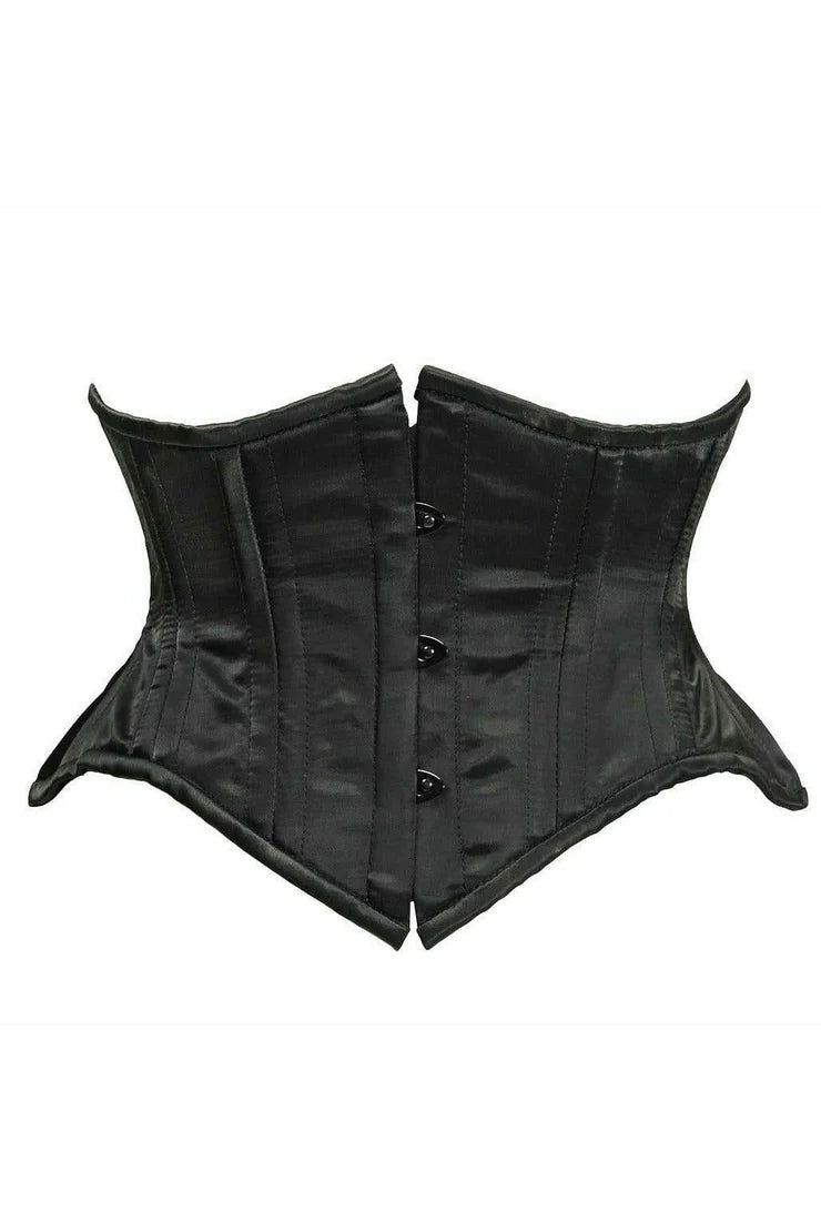 Daisy Corset Top Drawer Black Satin Double Steel Boned Curvy Cut Waist Cincher