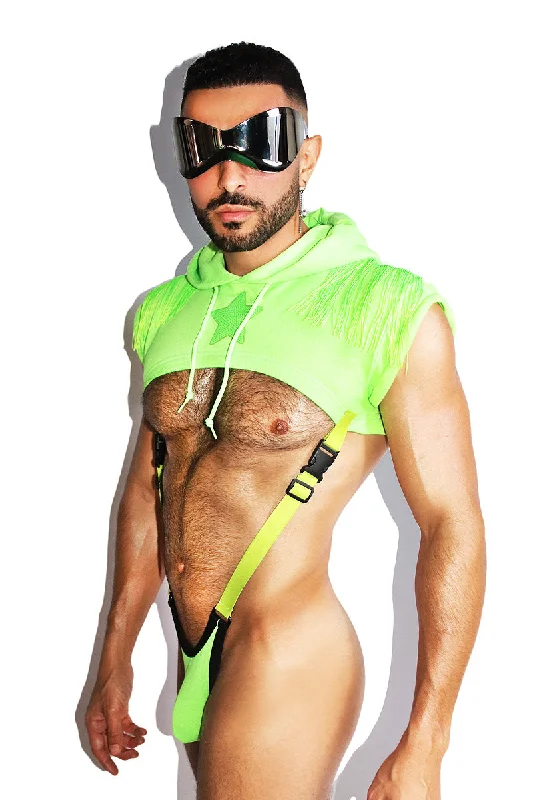 Cowboy Fringe Short Sleeve Harness Hoodie Strap Thong Bodysuit- Neon Green