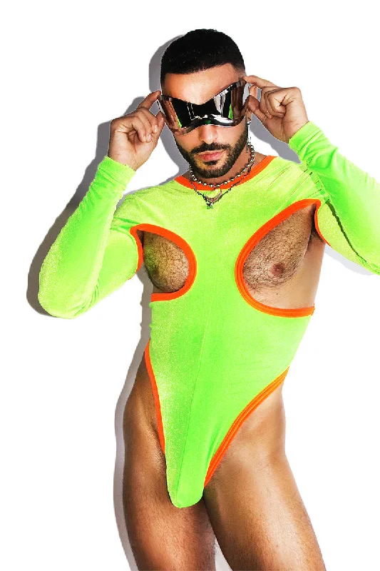 Velvet Cutout Long Sleeve Thong Bodysuit- Neon Green