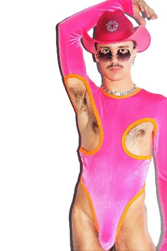 Velvet Cutout Long Sleeve Thong Bodysuit- Neon Pink