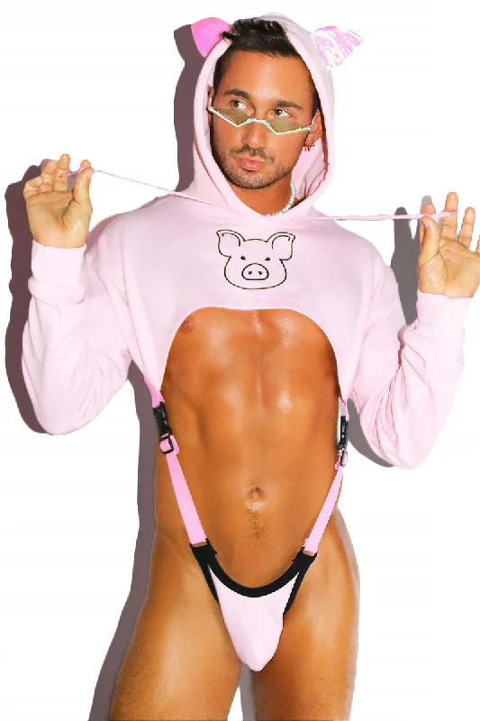 Lil' Piggy Harness Hoodie Strap Thong Bodysuit- Pink