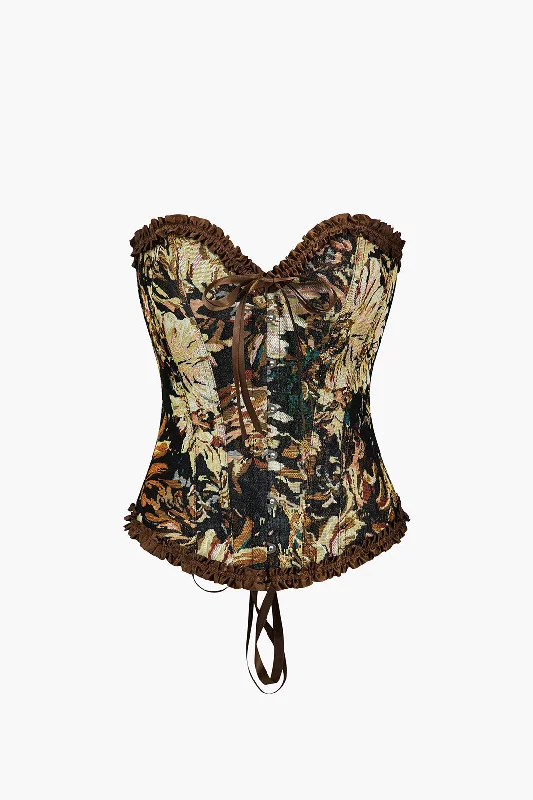 Floral Pattern Tie Back Strapless Tie-Up Corset Tube Top