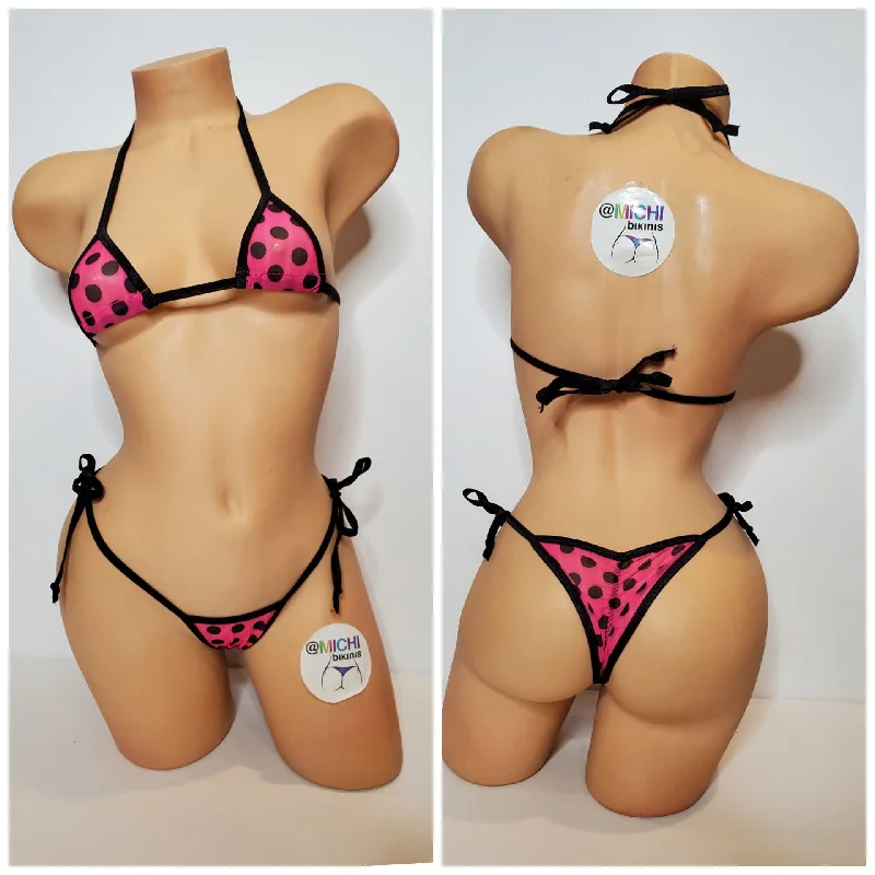 Pink Mesh w/ Black Polka Dots Pattern w/ Black Trim ***VERY SHEER*** String Bikini 2 Piece Set One Size