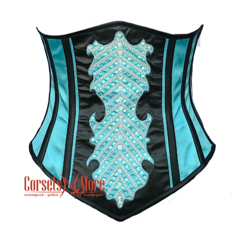 Plus Size Baby Blue And Black Satin With Sequins Underbust Corset Burlesque Costume