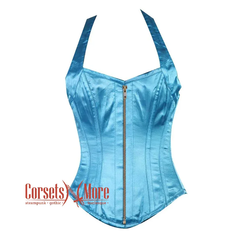 Plus Size Baby Blue Satin Halter Neck Shoulder Strap Burlesque Overbust Corset Bustier Top