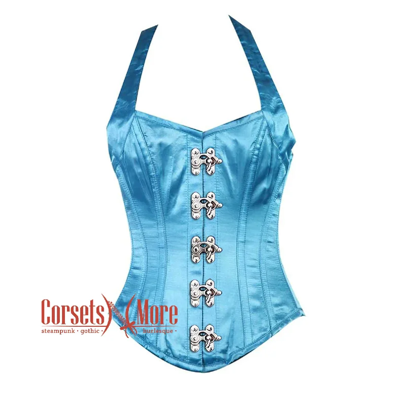 Plus Size Baby Blue Satin Shoulder Strap Front Clasp Burlesque Overbust Corset Bustier Top