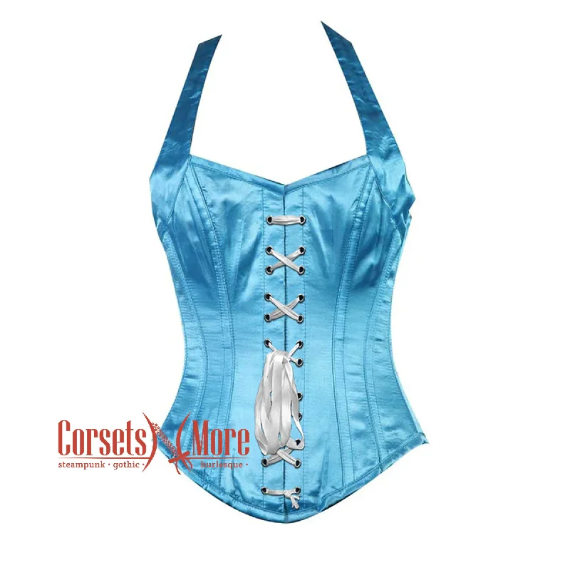 Plus Size Baby Blue Satin With Shoulder Strap Burlesque Overbust Corset Bustier Top