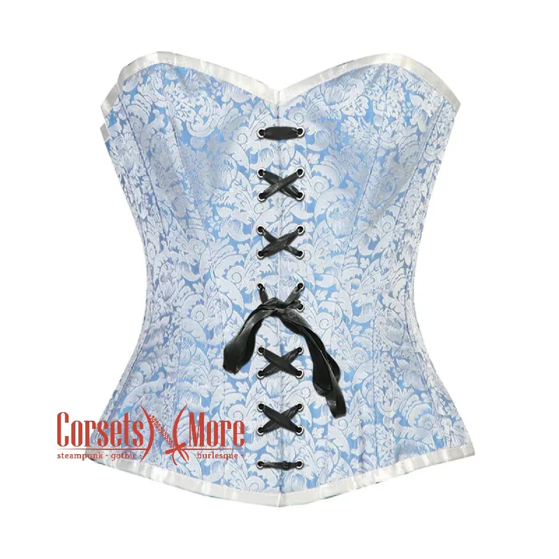 Plus Size Blue And White Brocade Burlesque Gothic Overbust Corset Bustier Top