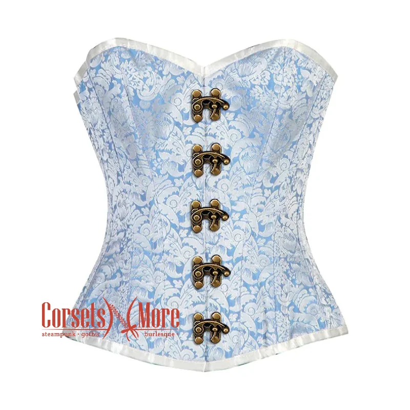 Plus Size Blue And White Brocade Front Antique Clasps Burlesque Gothic Overbust Corset Bustier Top