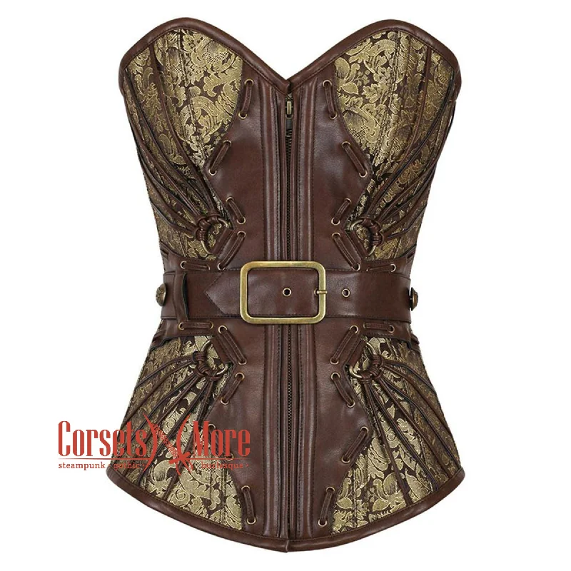 Plus Size Brown And Golden Brocade Leather Belt Steampunk Waist Training Overbust Corset Bustier Top