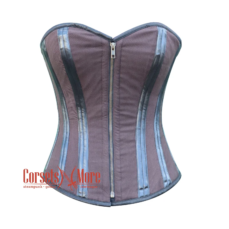 Plus Size Brown Cotton Leather Stripe Steampunk Double Bone Costume Overbust Corset