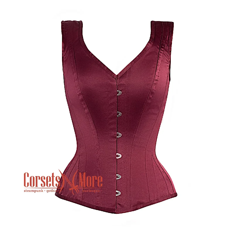 Plus Size Burgundy Satin Burlesque Gothic Overbust Corset  With Shoulder Strap Bustier Top