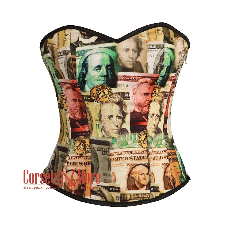 Plus Size Currency Printed Satin Overbust Corset Bustier Cosplay Costume For Halloween