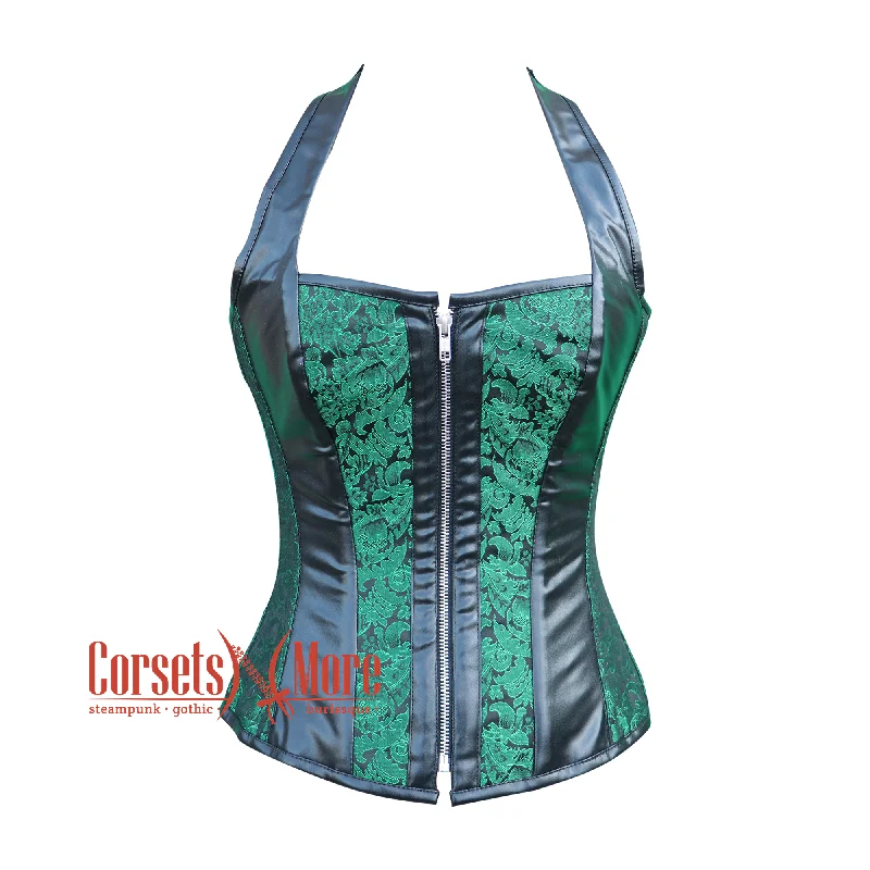 Plus Size Green And Black Brocade Leather Shoulder Strap Halloween Overbust Corset