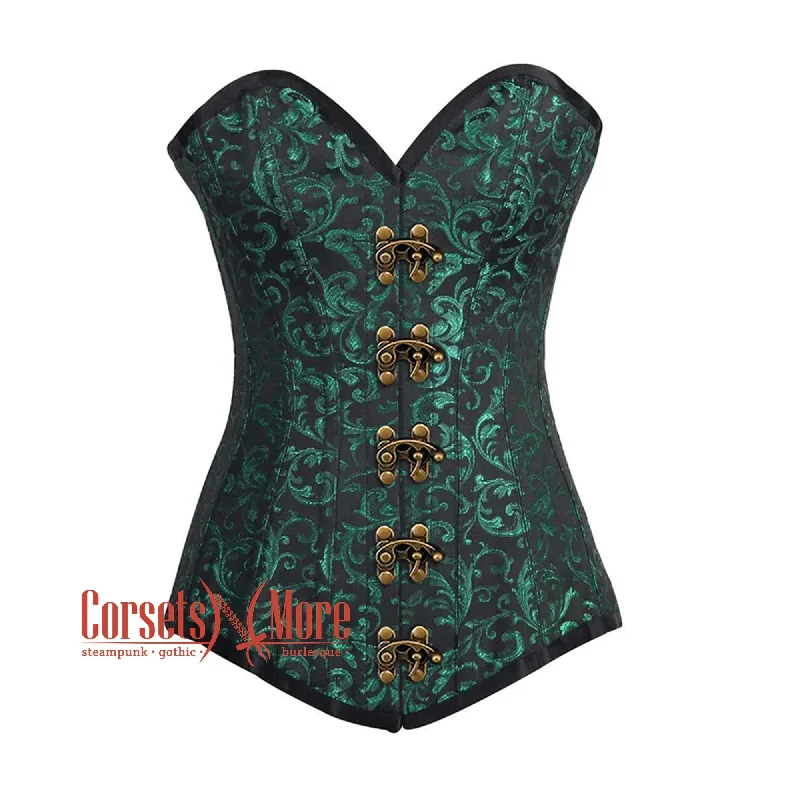 Plus Size Green And Black Brocade Longline Corset Burlesque Overbust Costume Bustier Top