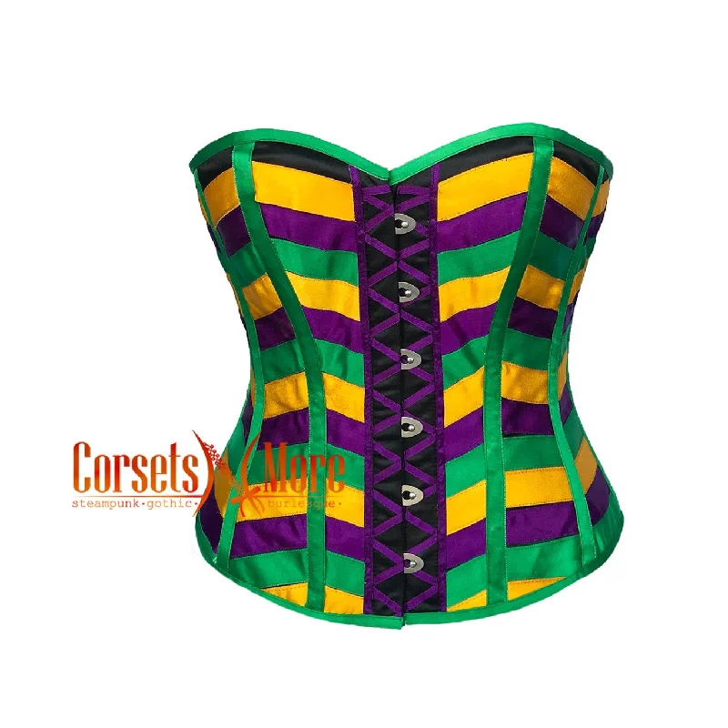 Plus Size Green Purple and Yellow Satin Multi Color Striped Costume for Mardi Gras Overbust Corset Top