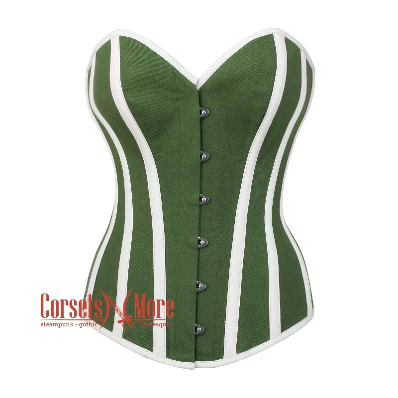 Plus Size Olive Green Cotton With White Stripes Burlesque Gothic Overbust Corset Bustier Top