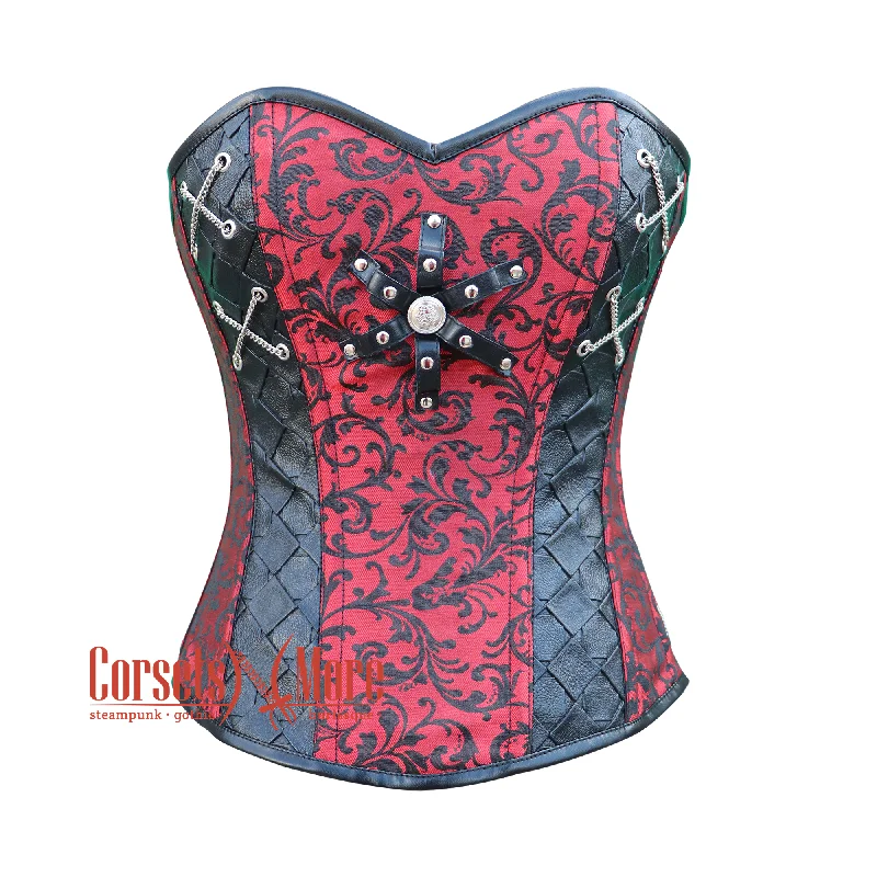 Plus Size Red and Black Brocade Steampunk Leather Gothic Costume Overbust Corset Top