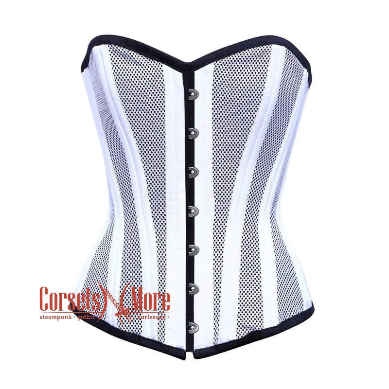 Plus Size White Satin With Mesh Burlesque Gothic Overbust Corset Bustier Top