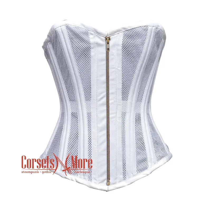 Plus Size White Satin With Mesh Burlesque Gothic Overbust Corset Bustier Top