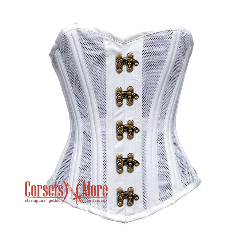 Plus Size White Satin With Mesh Front Seal Lock Double Bone Burlesque Gothic Overbust Corset Bustier Top