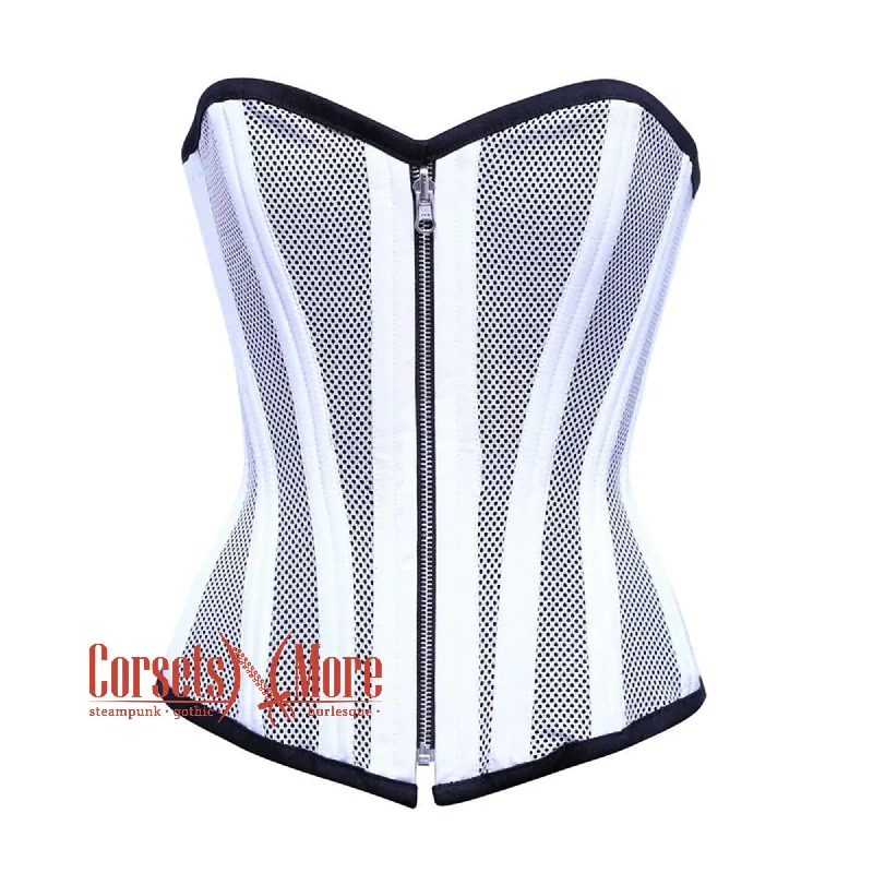 Plus Size White Satin With Mesh Front Zipper Burlesque Gothic Overbust Corset Bustier Top