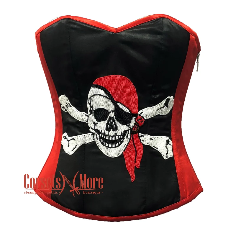 Plus Size Red and Black Satin Pirate Sequins Work Costume Bustier Steampunk Waist Cincher Overbust Top