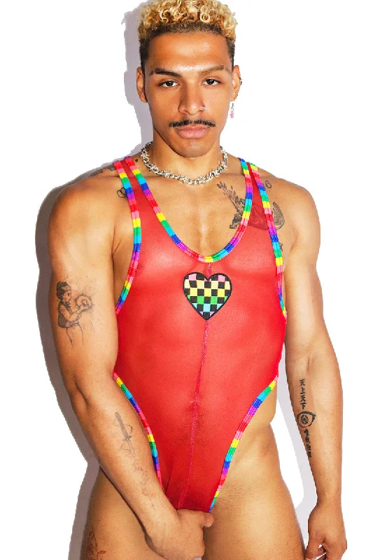 Racing Rainbow Mesh Thong Bodysuit- Red