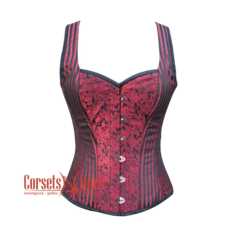 Red And Black Brocade Halloween Plus Size Corset with Shoulder Strap Overbust Top