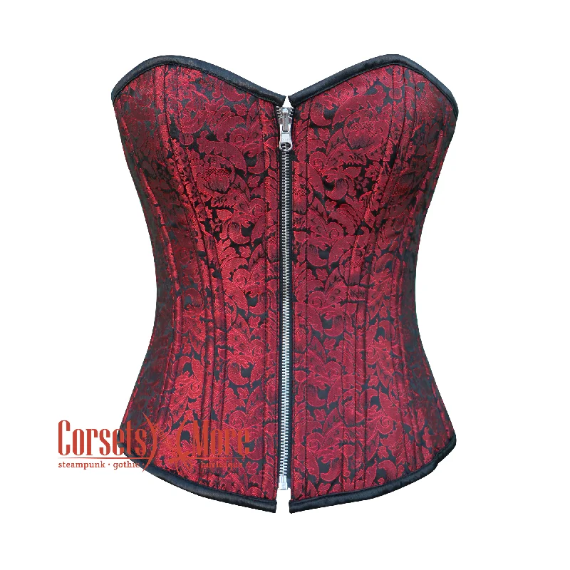 Red Black Plus Size Brocade Reversible Corset Steampunk Zipper Halloween Overbust Top