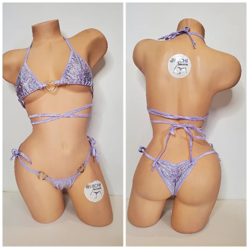 Shattered Holographic Periwinkle with Gold Hearts Hardware Medium Coverage Top Scrunch Butt Bottom 2 Piece Micro String Bikini Set One Size