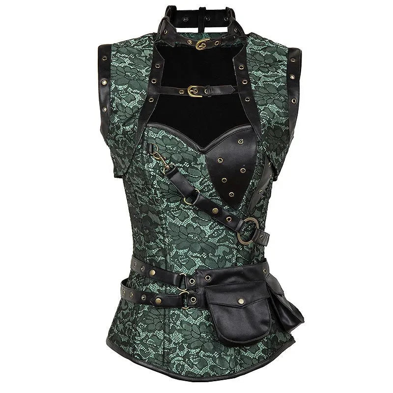 Women's Skull Green Floral Pouch Belt & Jacket Steampunk Corset