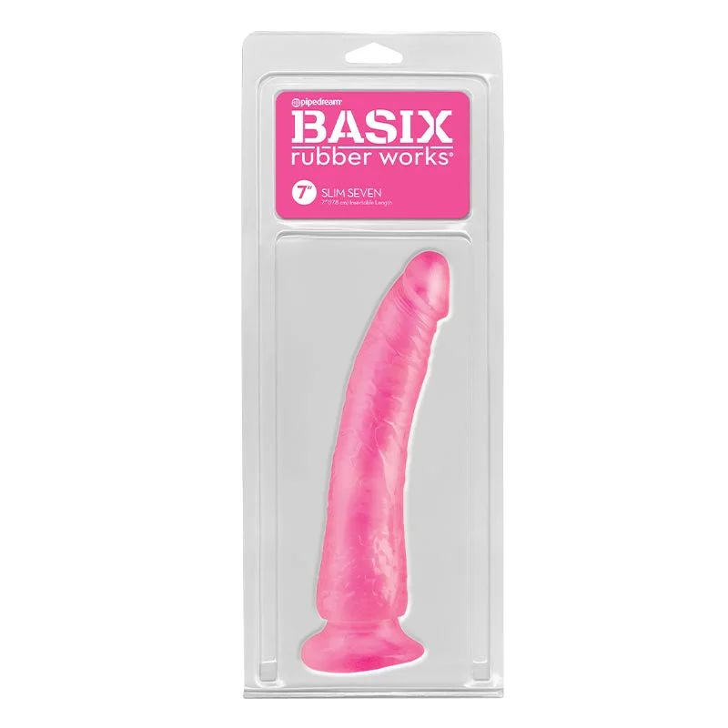 Basix Rubber Slim 7 inches Dong Suction Cup Pink