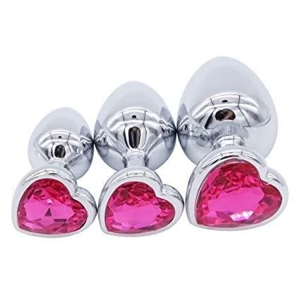 Butt Plug - Metal Heart Anal Plug - Dark Pink Gem - (3 size options & 2 color options)