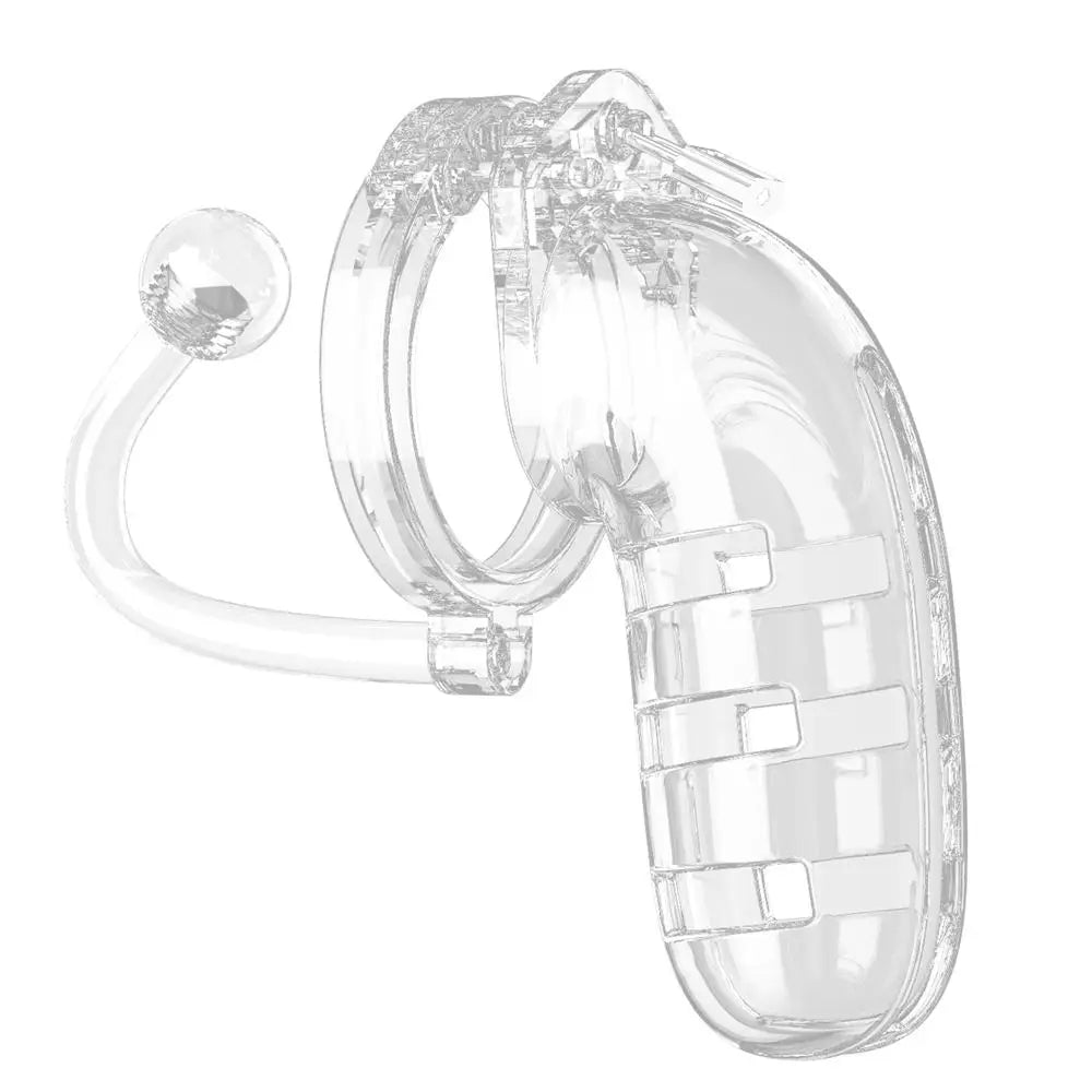 Man Cage 12 Male 5.5 Inch Clear Chastity Cage with Anal Butt Plug