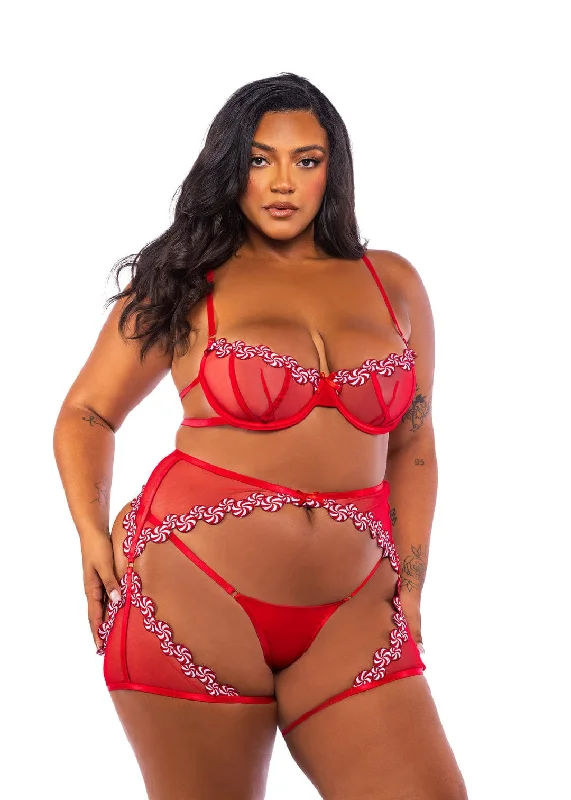 Plus Size Red Candy Trim w/ Mesh Satin Bra, Chaps & Thong Panty Lingerie