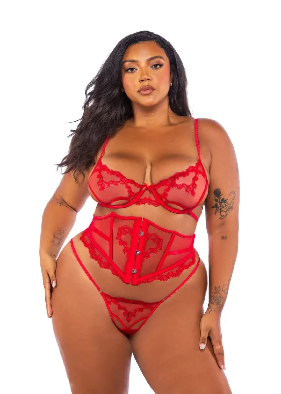 Plus Size Red Embroidered Lace & Satin Bra, Waspie Corset & Thong Lingerie