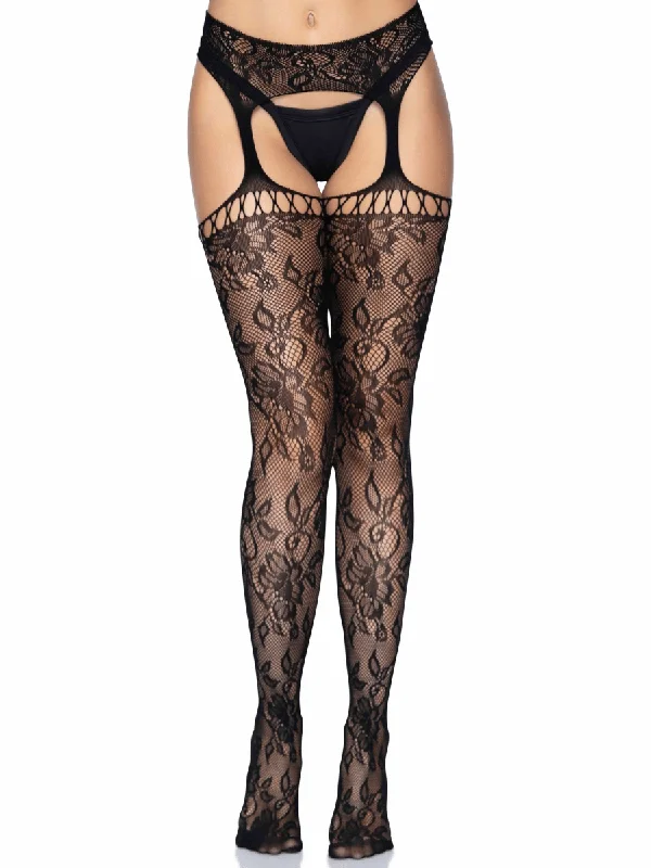 Gardenia Lace Garter Belt Stockings - One Size -  Black