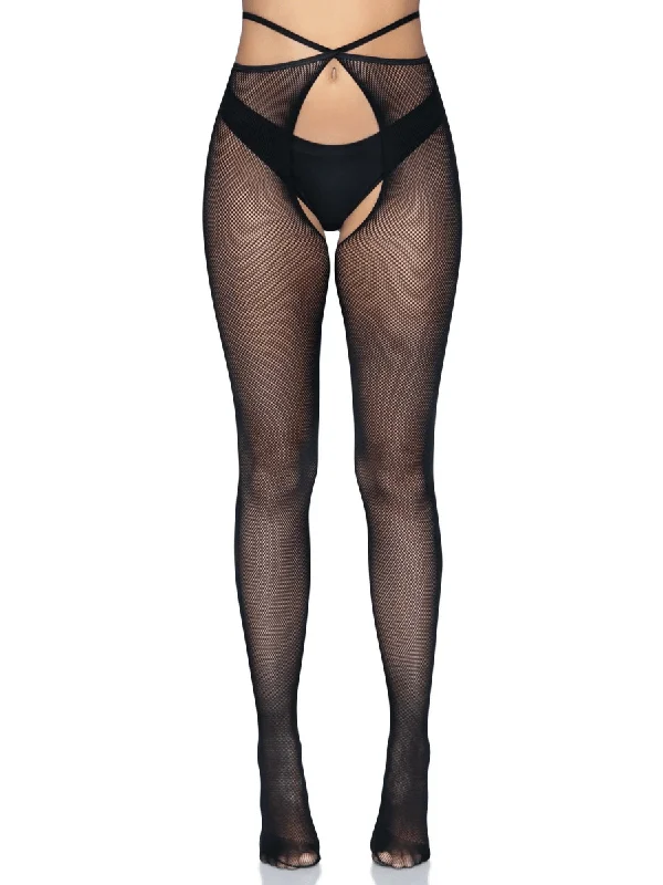 Micro Net Strappy Crotchless Tights - One Size -  Black