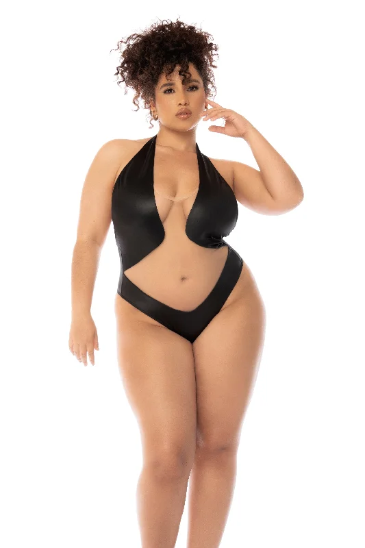 Plus Size Sexy Black Faux Leather Halter Neck Bodysuit Lingerie