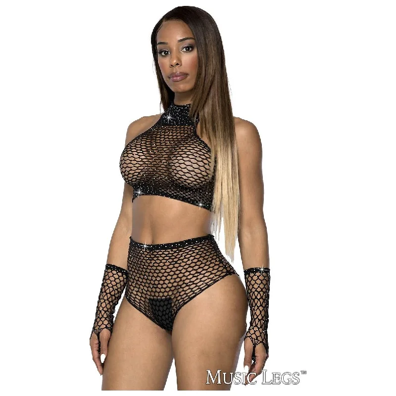 Rhinestone Net 3pc Top Bottoms & Gloves by Music Legs