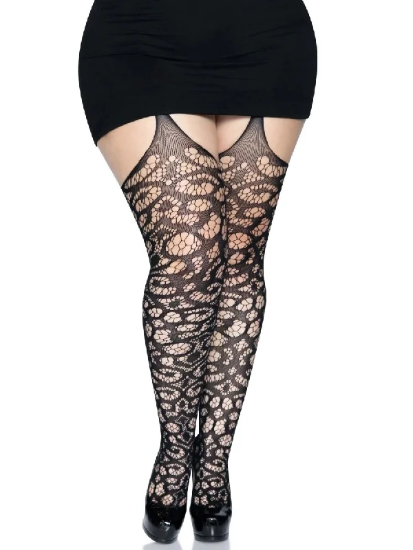 Scroll Lace Stocking With Attached Garter Belt -  1x-2x - Black