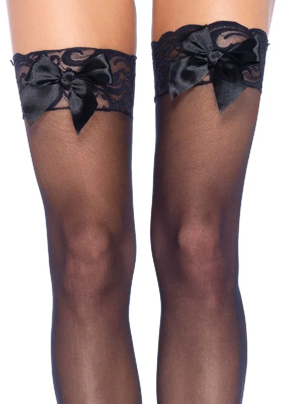 Sheer Lace Top Thigh Highs With Satin Bow Accent - One Size - Black