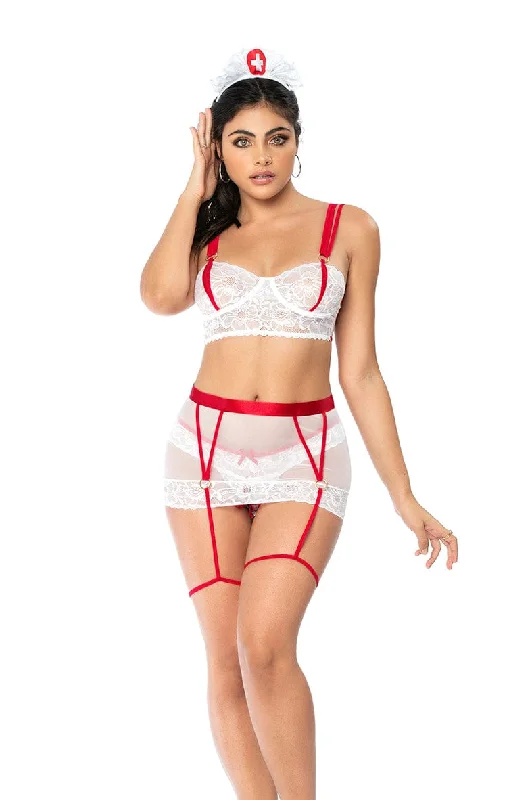 White Lace Peek A Boo Top Garter Belt Skirt & Thong w/ Headpiece Nurse Costume